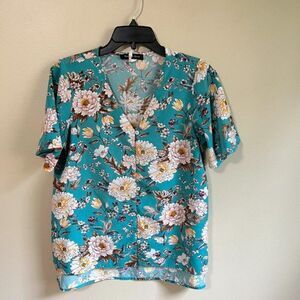 The Neck down medium light blue top